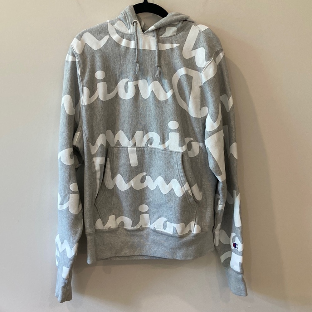 Champion grey multiple logo hoodie size small cotton blend with pocket